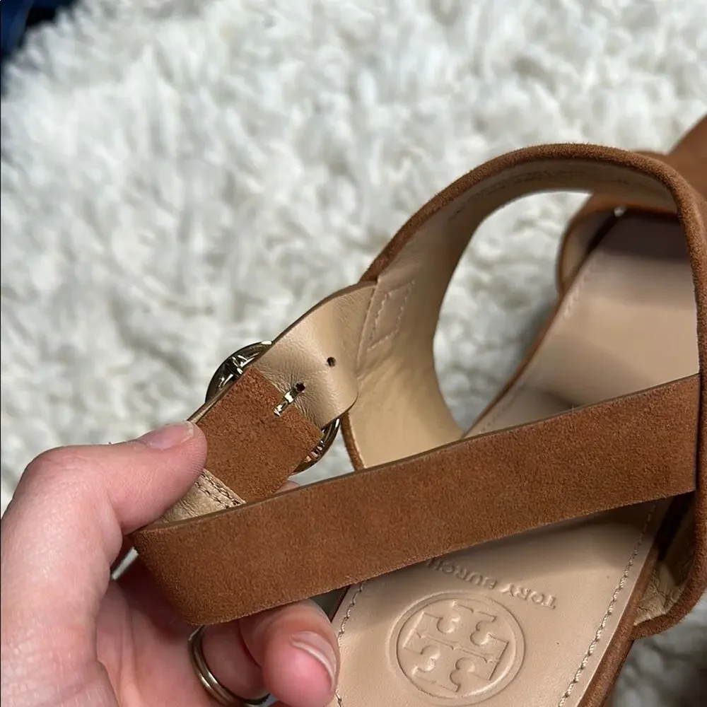 Tory Burch Women's Tan Sandals Suede Wedge Strappy Heels Brown Neutral Classy